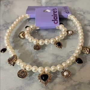 💕✨ Pearl Charm Necklace & Bracelet Set Gold Hearts Valentine Romantic Jewelry 💕✨